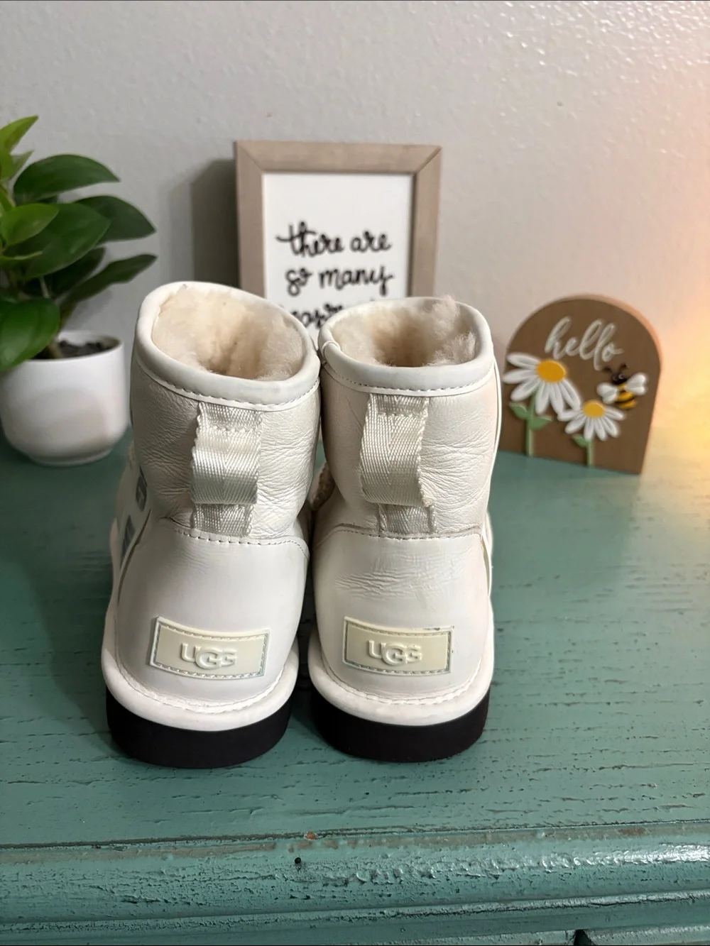UGG White Shearling-Lined Ankle Boots with Black Sole